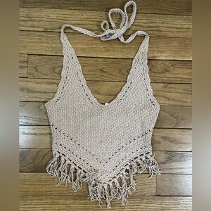 Y2K Boho Crochet Halter Top Medium Beige Knit Festival Resort Beachwear BCBG  XS